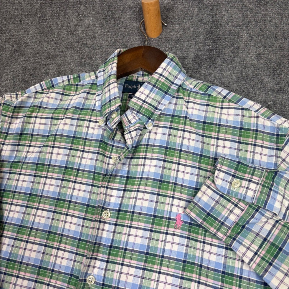 Ralph Lauren Button Down Shirt Mens L Green Plaid Classic Fit Long Sleeve Pony